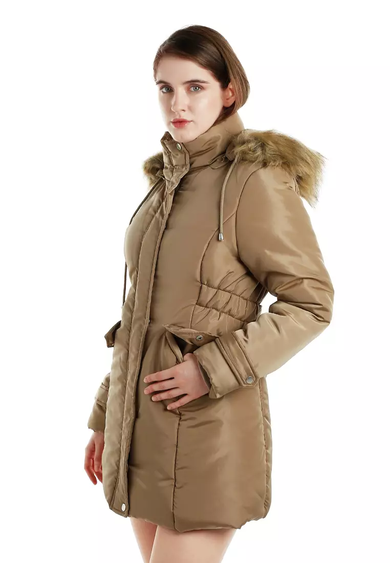 Faux Fur Collar Long Puffer Jacket in Beige