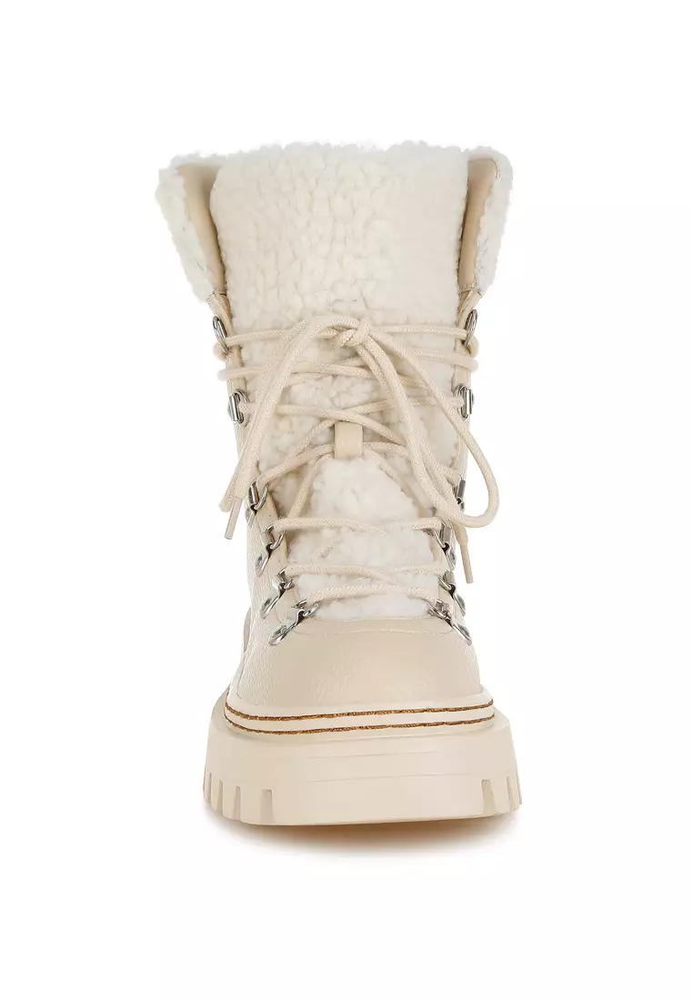 Fleece & Faux Leather Boots in Off White