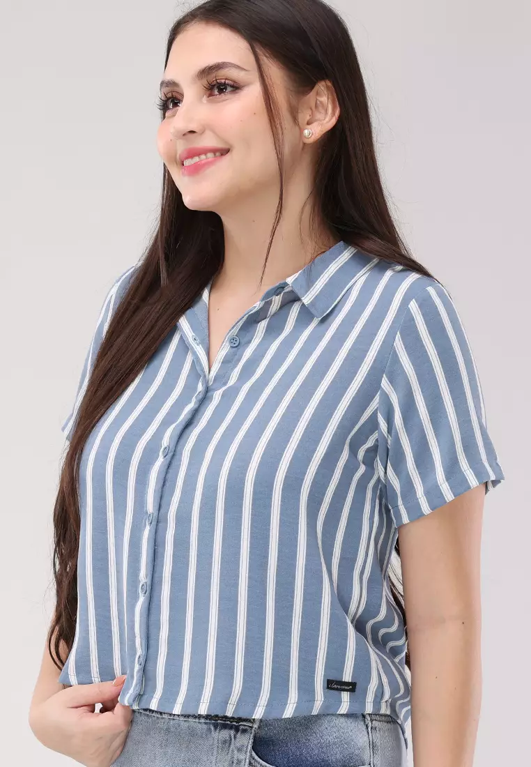 Crumpled Linen 3 Stripes Woven Short Sleeves Blouse