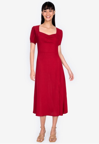 ZALORA BASICS red Smocked Sleeves Ruched Front Midi Dress 63A62AA629A604GS_1