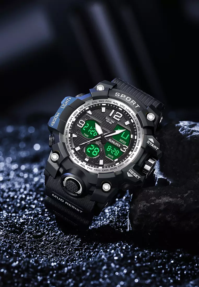 Jam Tangan Pria Digital D008 Multifungsi Alarm Olahraga Bercahaya Analog Jam Tangan Cowok silver