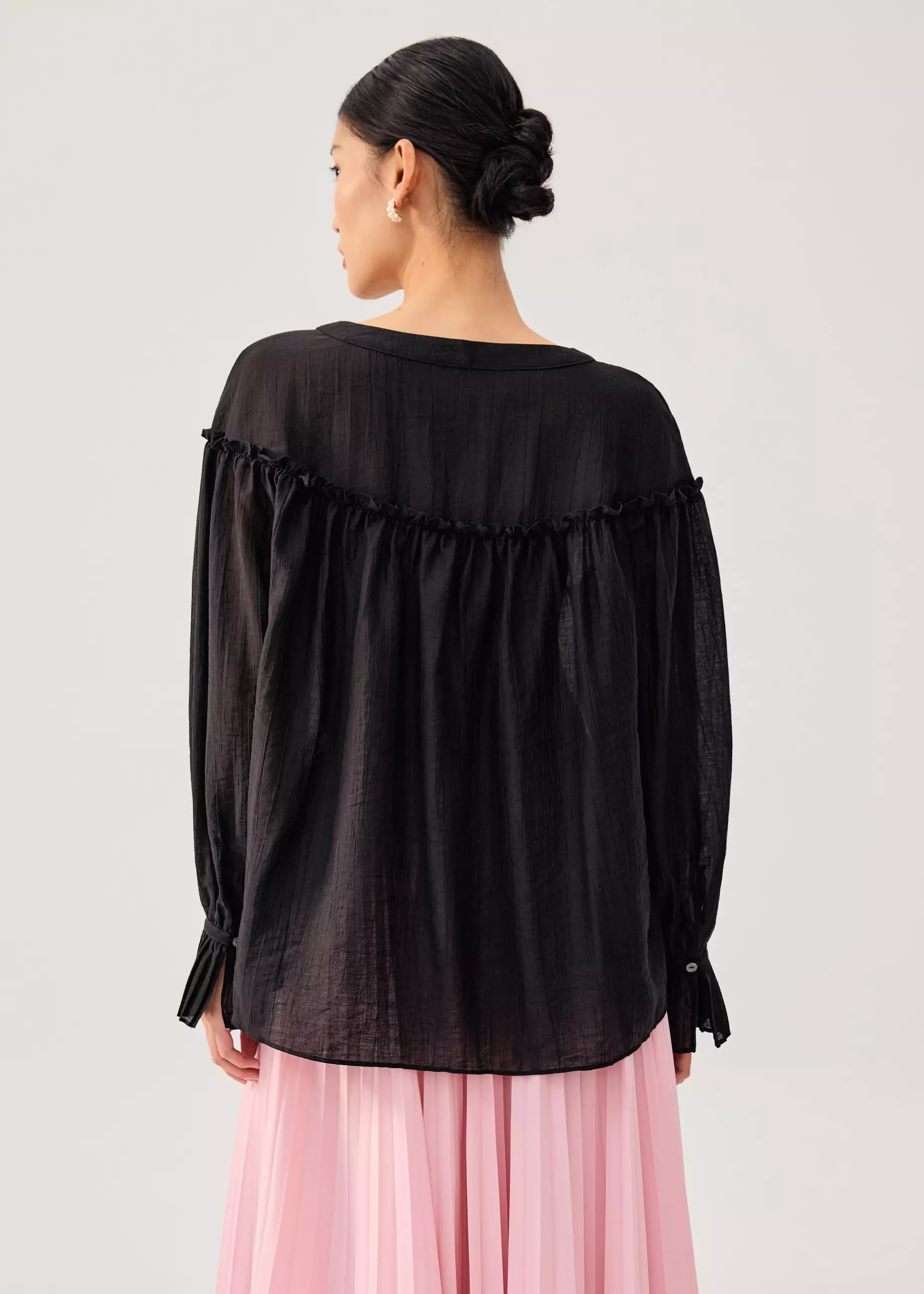 Atasan Wanita - Relaxed Ruffle Trim Lyocell V-neck Long Blouse