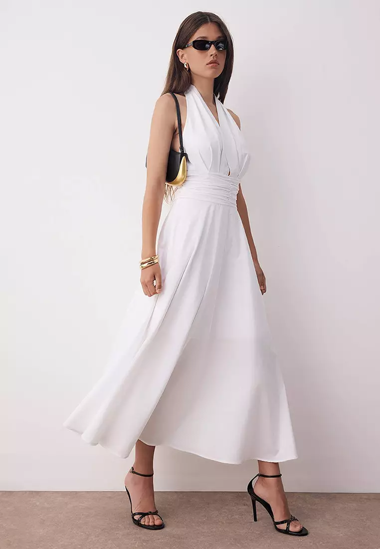 White Low-Cut Halter Neck Poplin Lined Woven Dress