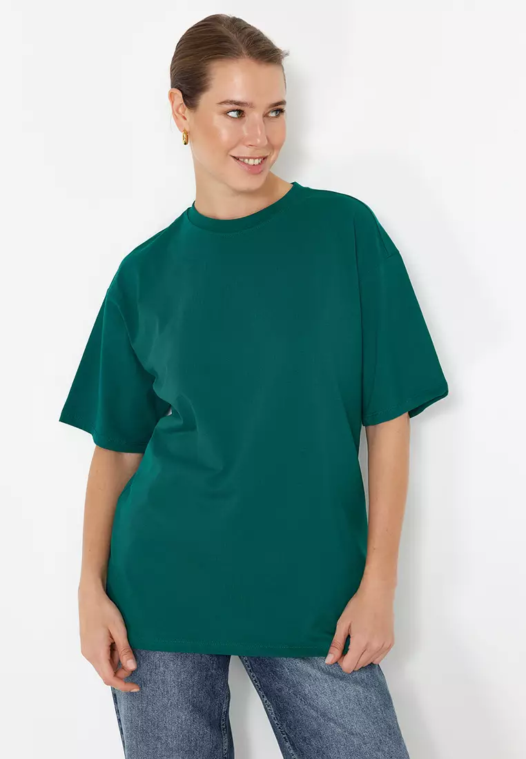 Emerald Green Oversize/Wide Fit Crew Neck Knitted T-Shirt