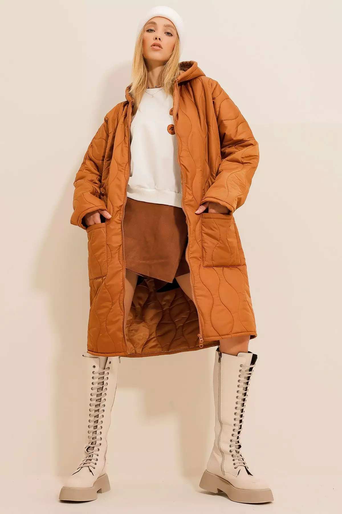 Women's Camel Double Pockets Front Double Zipper Hooded Long Puffer Coat