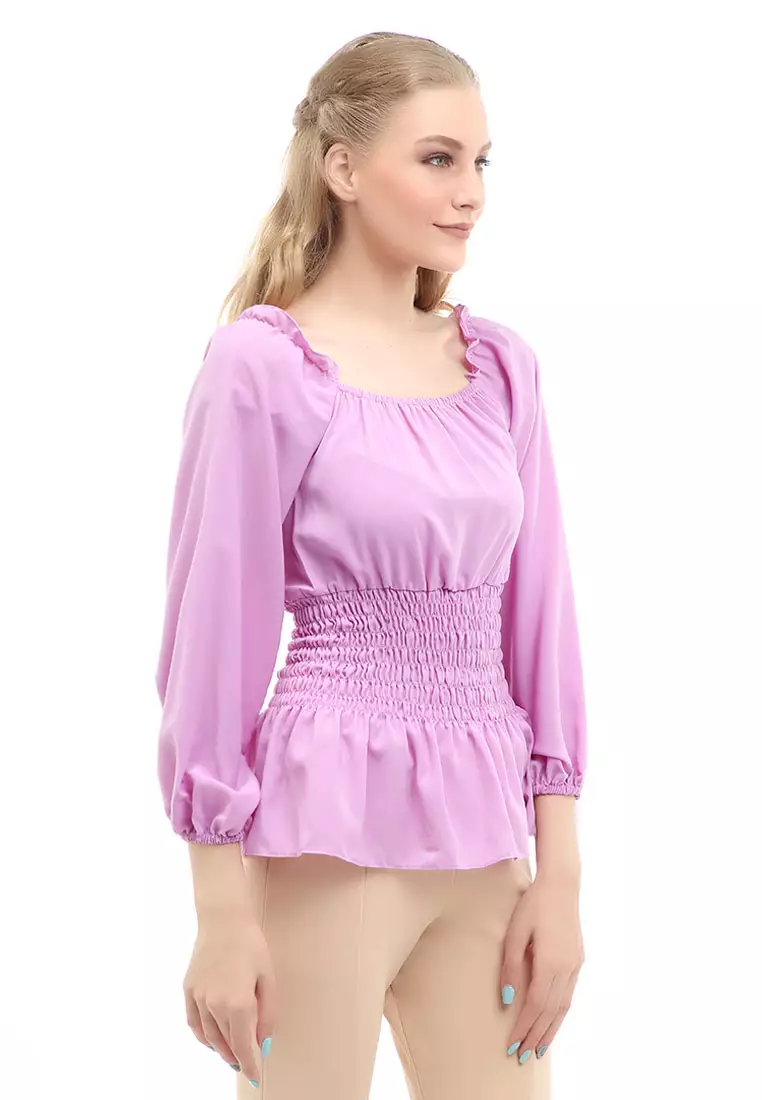 Cheva Blouse Atasan Wanita Sabrina Karet Pinggang Lengan Panjang Casual Shirt Long Sleeve Material Wolfis ORIGINAL - Purple