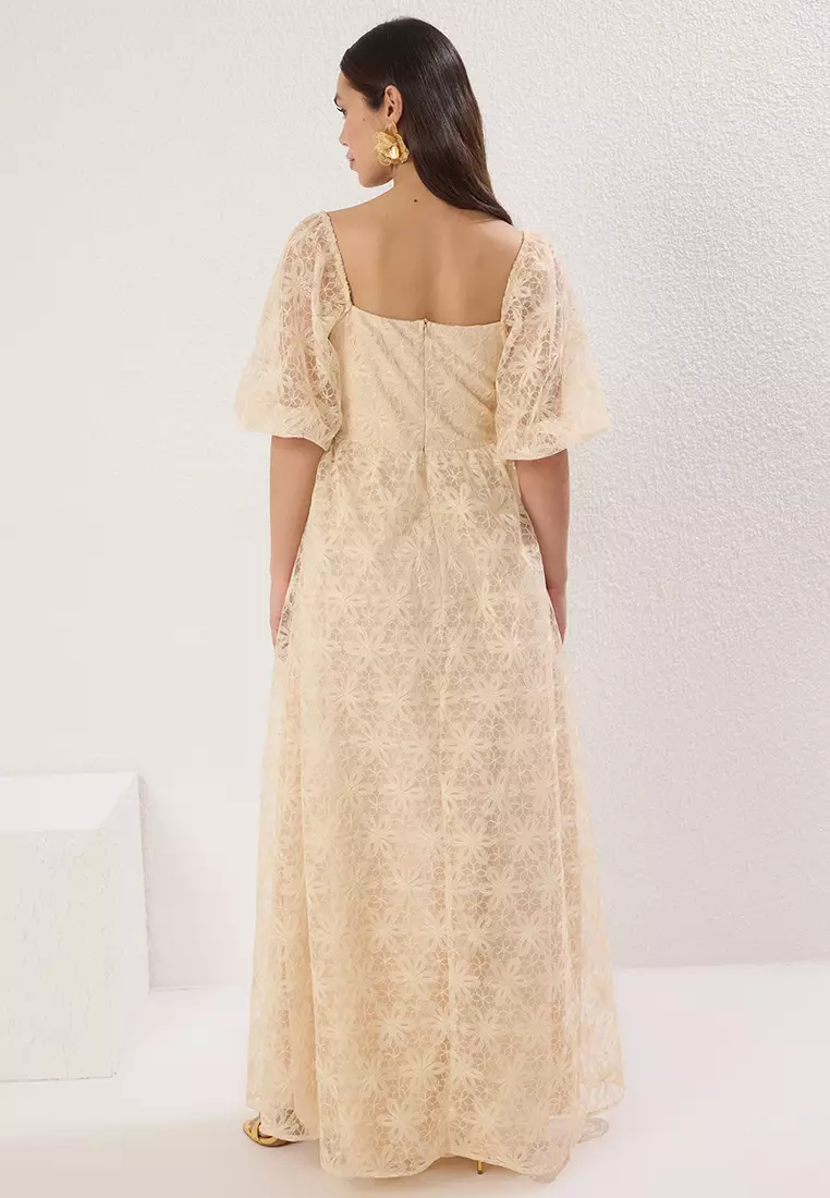 Salmon A-Line Floral Lined Long Evening Prom Dress TPRSS25AE00038