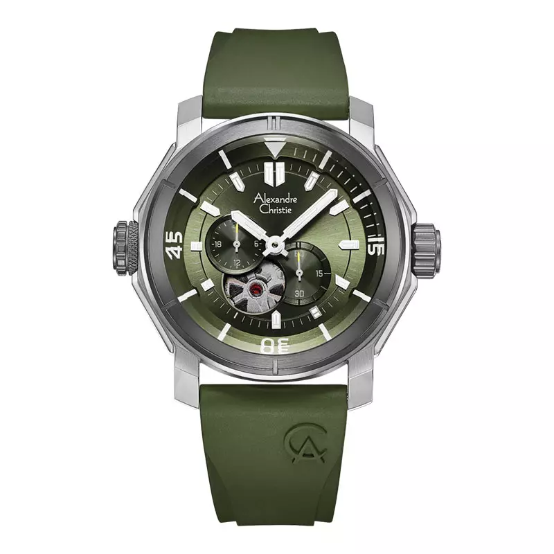 Jam Tangan Pria Alexandre Christie Chronograph AC 6565 MA RTEGN Men Open Heart Green Dial Green Rubber Strap