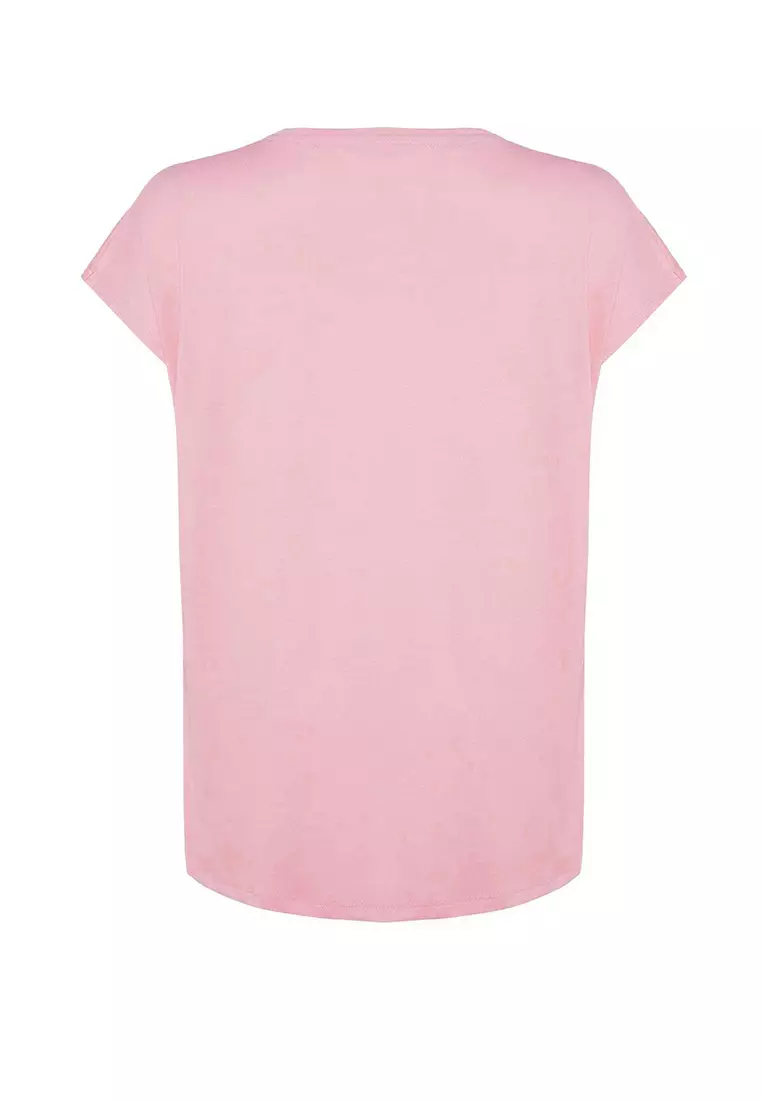 Pink Boyfriend V Neck Slit 100% Cotton Knitted T-Shirt TBBSS22BF0036