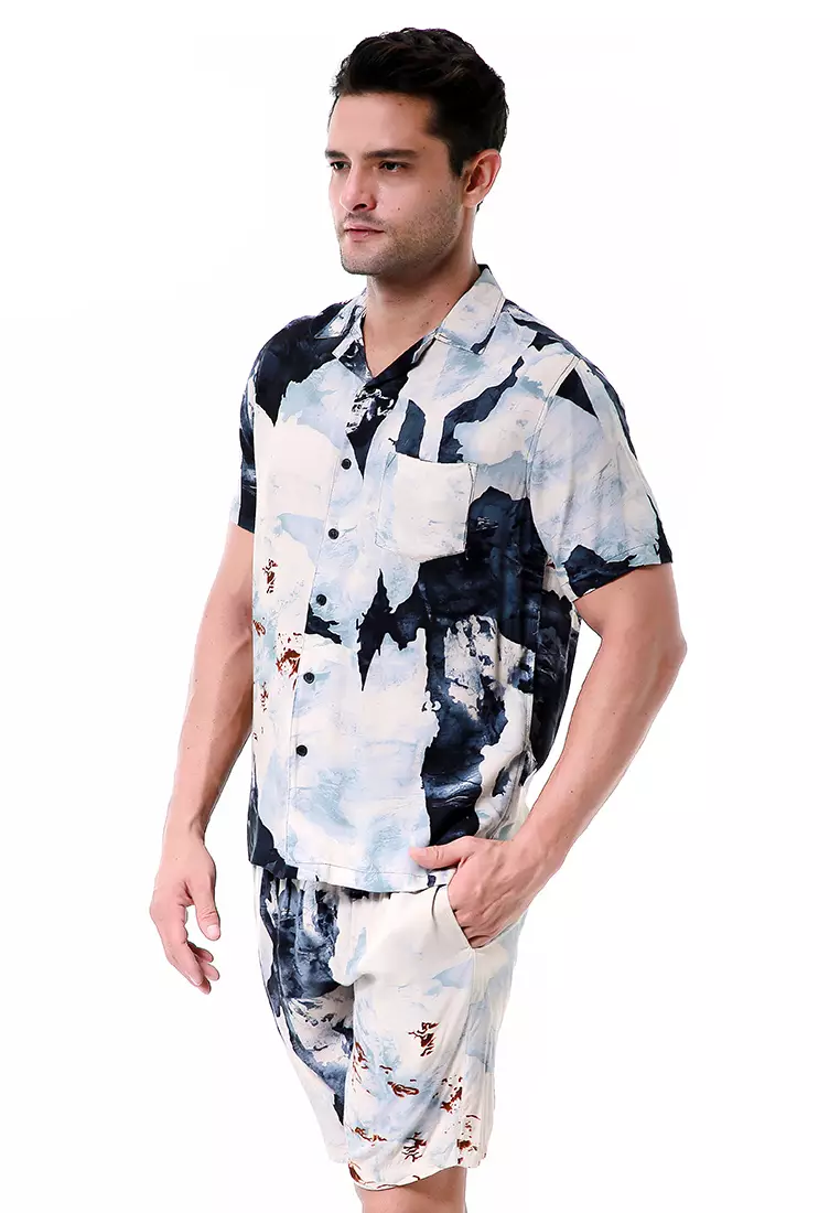 Deon Piyama Pria Abstrack Motive Kemeja One Set Lengan Pendek Material Rayon ORIGINAL - Blue
