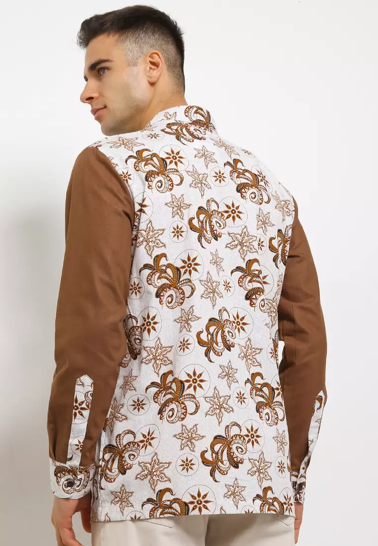 Kemeja Koko Batik Lengan Panjang Katun Premium Ammar White Brown