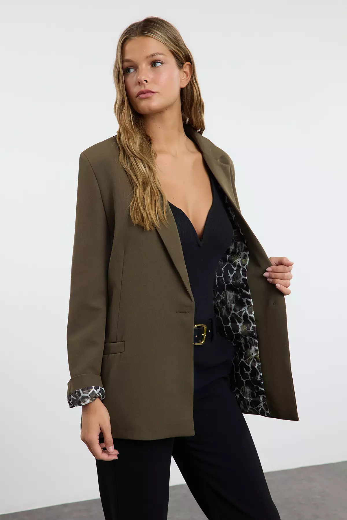 Dark Khaki Regular Lined Detailed Woven Blazer Jacket