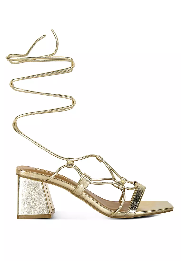 Gold Lace Up Block Heeled Sandal