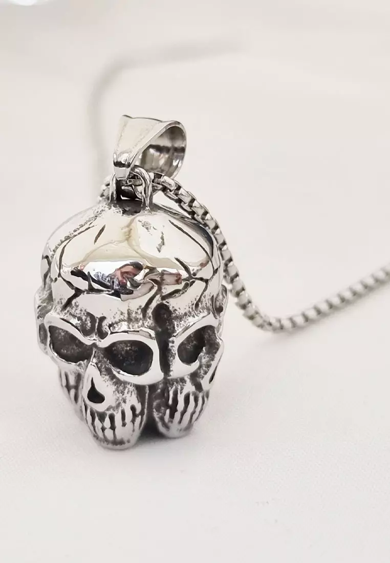 4 D Faced Skull Premium Stainless Steel Necklace Kalung Pria Silver