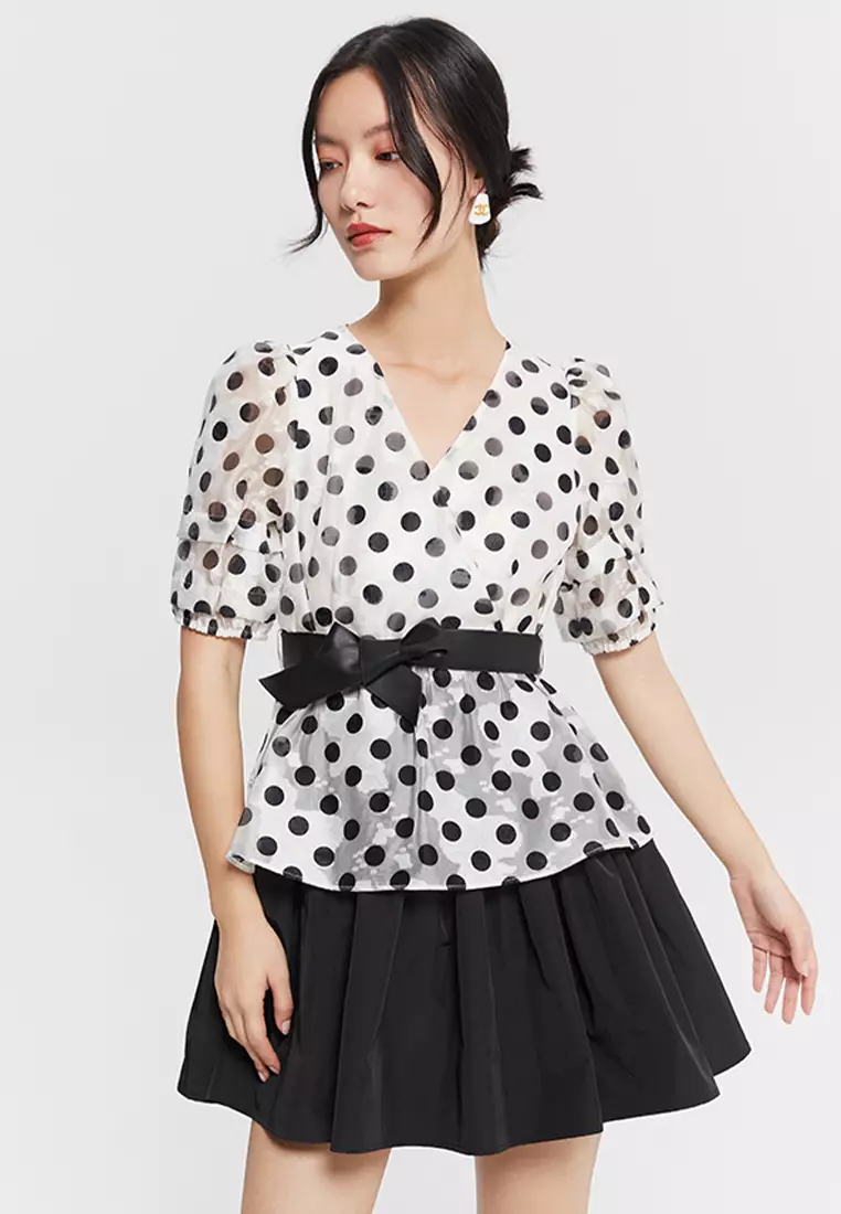Two Tone Polka Dot Front Wrap Dress with Waist Tie