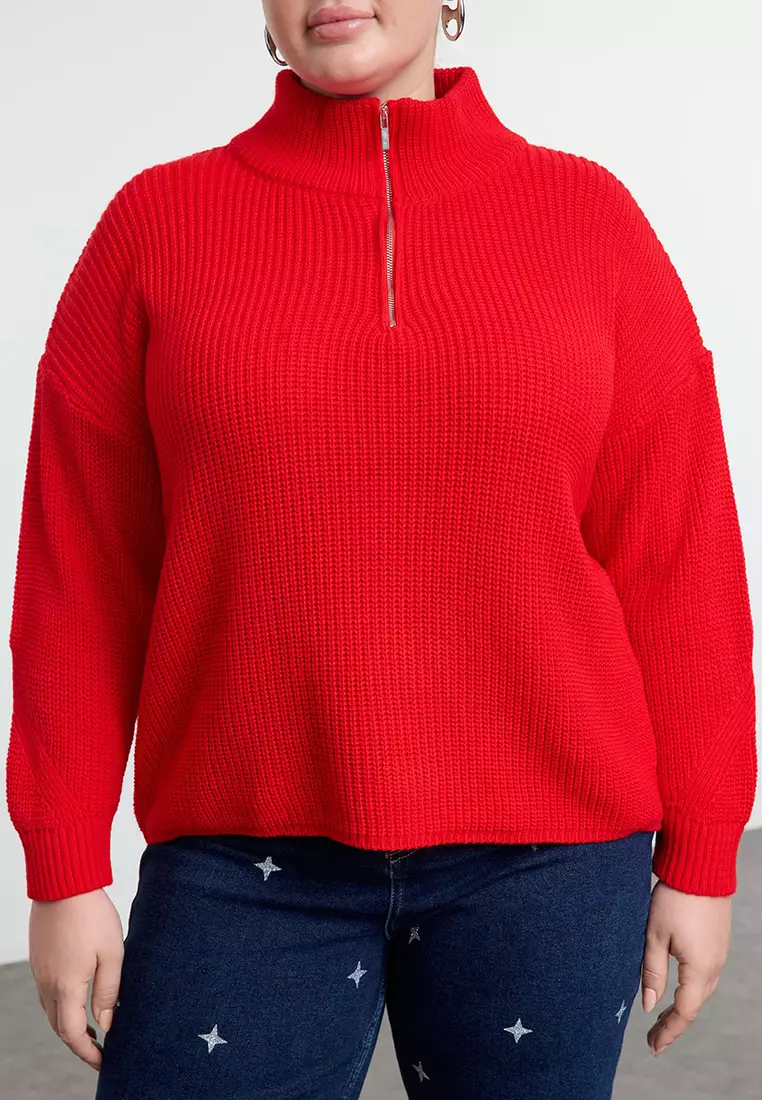 Red Zipper Collar Knitwear Sweater Tbbaw25An00026