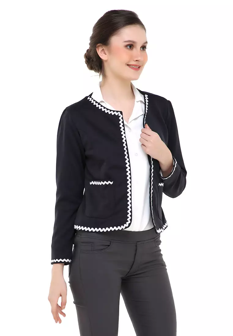 Qemsya Blazer Wanita Lace Motives Formal Suit Material Scuba ORIGINAL - Black