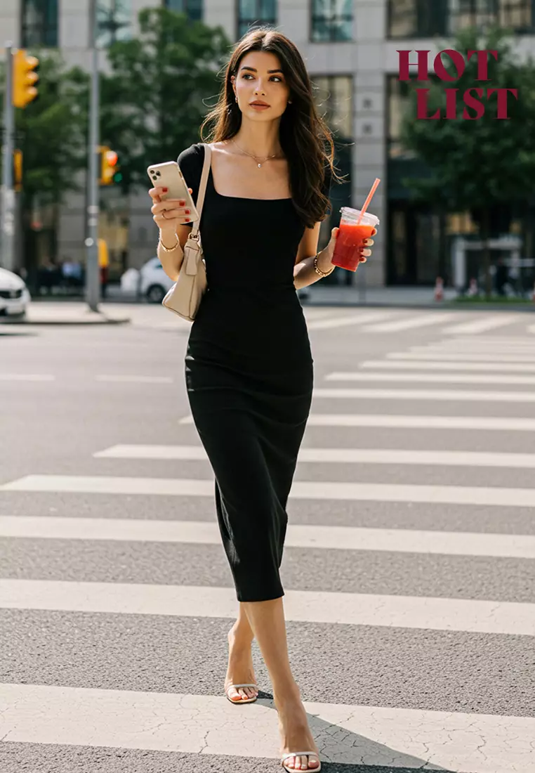 Black Square Neck Bodycone/Fits Body Stretchy Midi Knit Dress TWOSS25EL00691