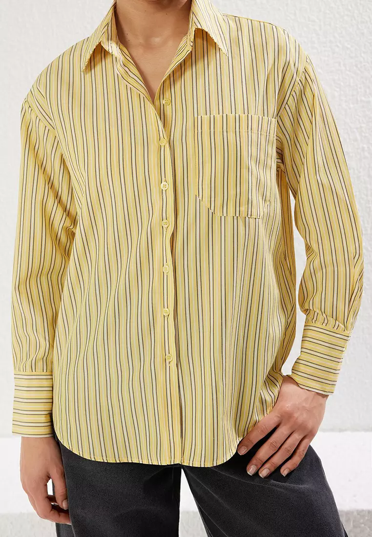 Striped Oversize Bustier in Yellow Wide Pattern Woven Shirt TWOSS25GO00076