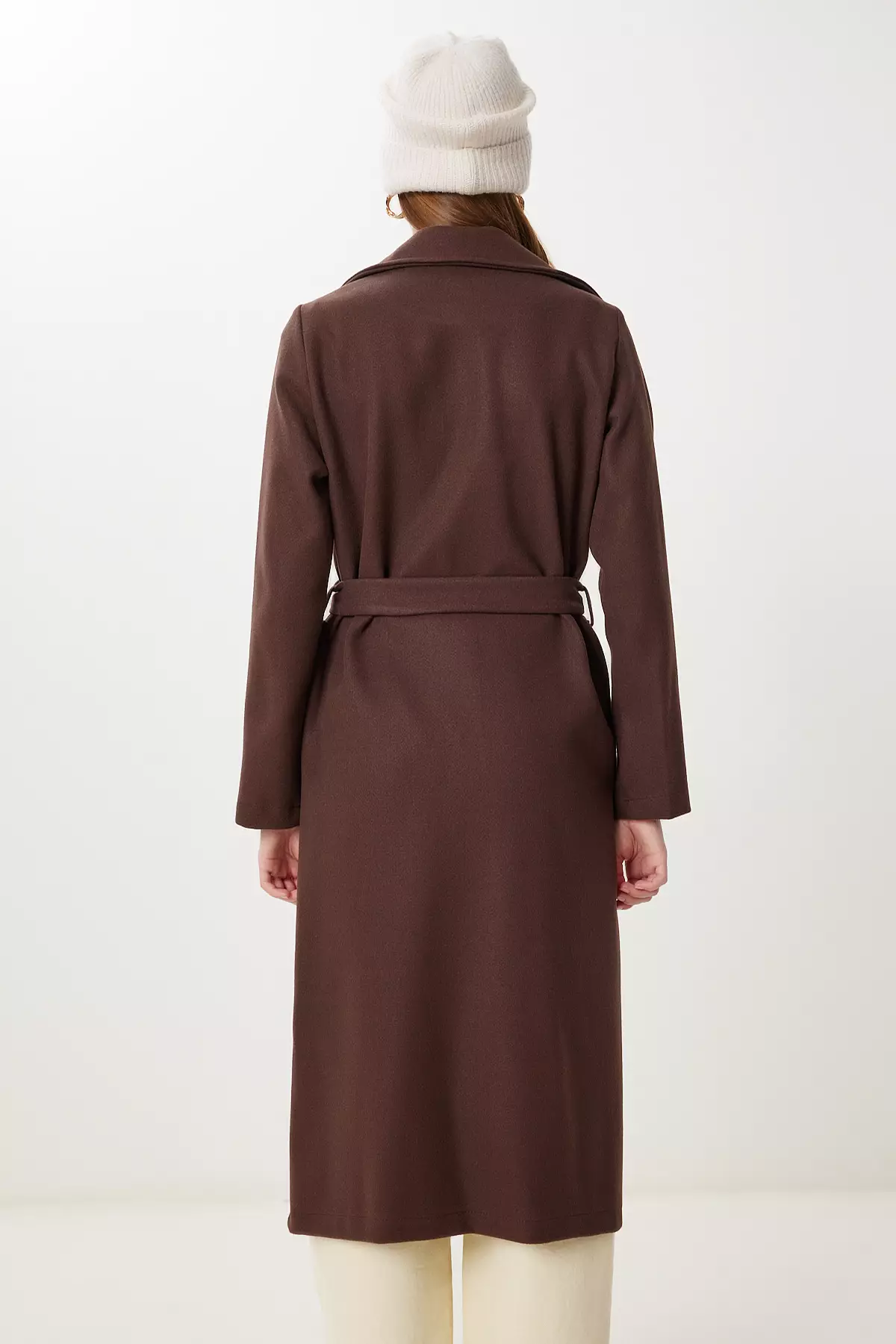 Women's Brown Double Breasted Collar Belted Cashmere Coat Mx00253