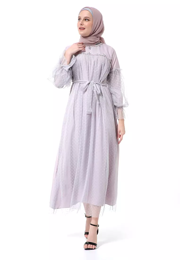 Varsha Dress Wanita Long Sleeve Motif Polos Polkadot High Quality - Silver Mauve