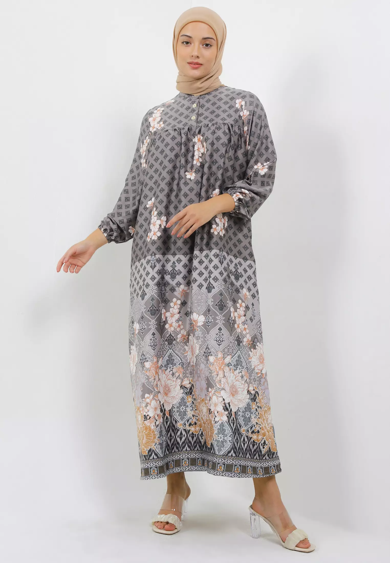 MFMW Zamyana Dress Gamis Grey Motif Bunga