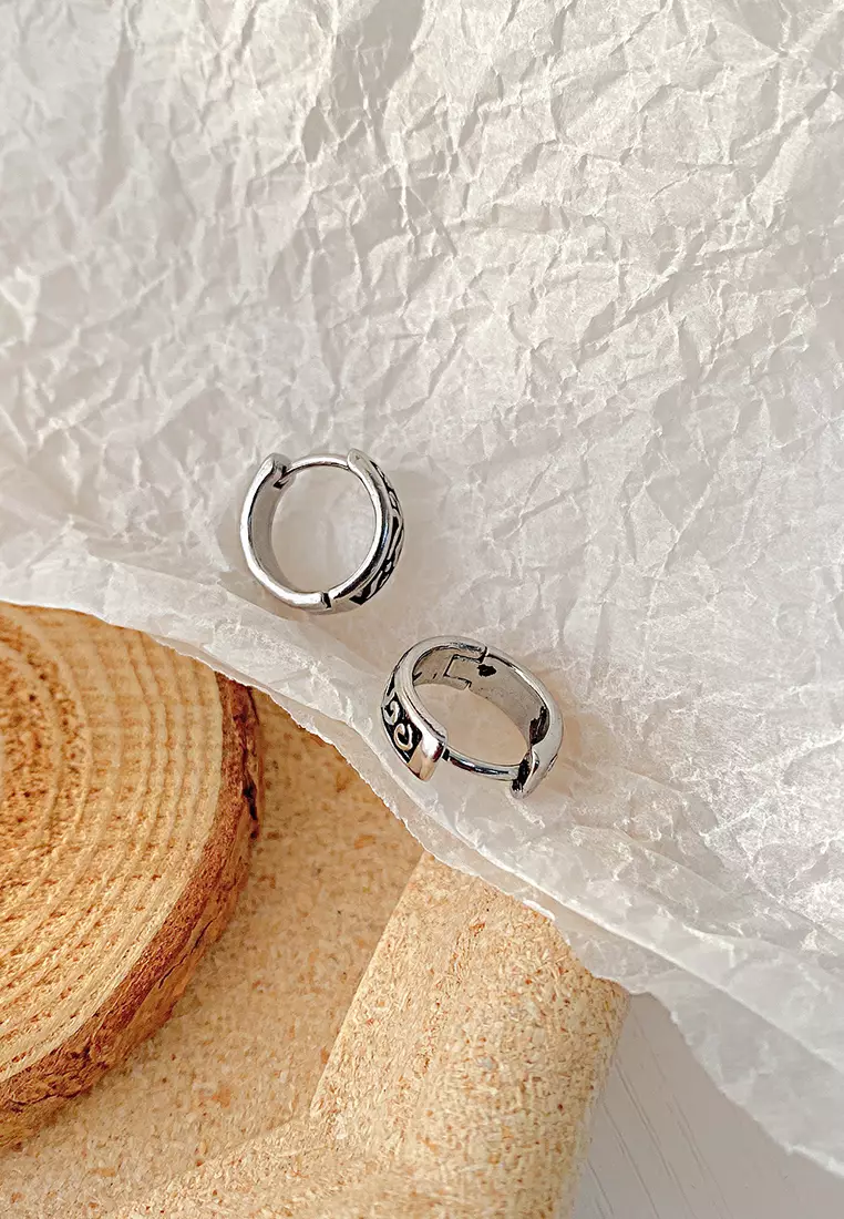 Unisex Titanium Steel Vintage Pattern Hoop Earrings JW OK-728