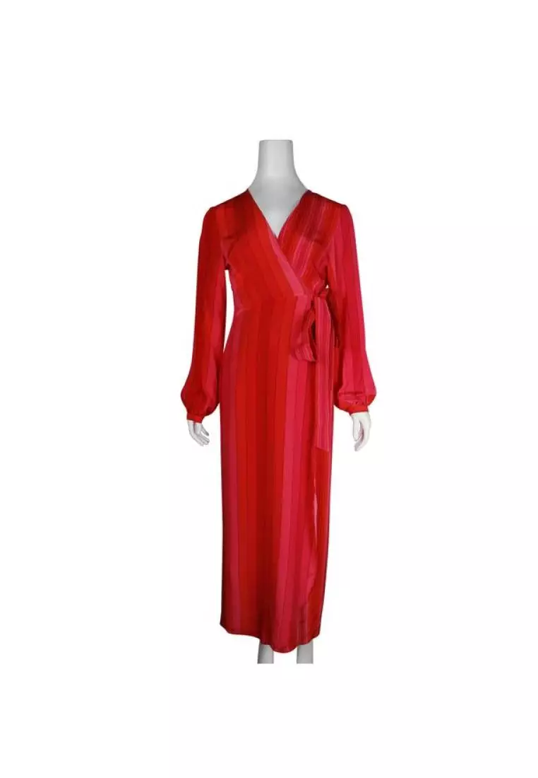 Buy RIXO Pre Loved RIXO Red Pink Striped Silk Wrap Dress Online