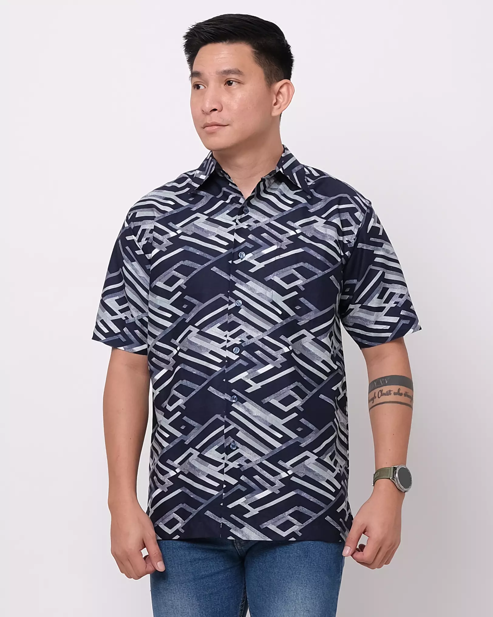 Andre Michel Kemeja Lengan Pendek Navy Motif Abu 16761
