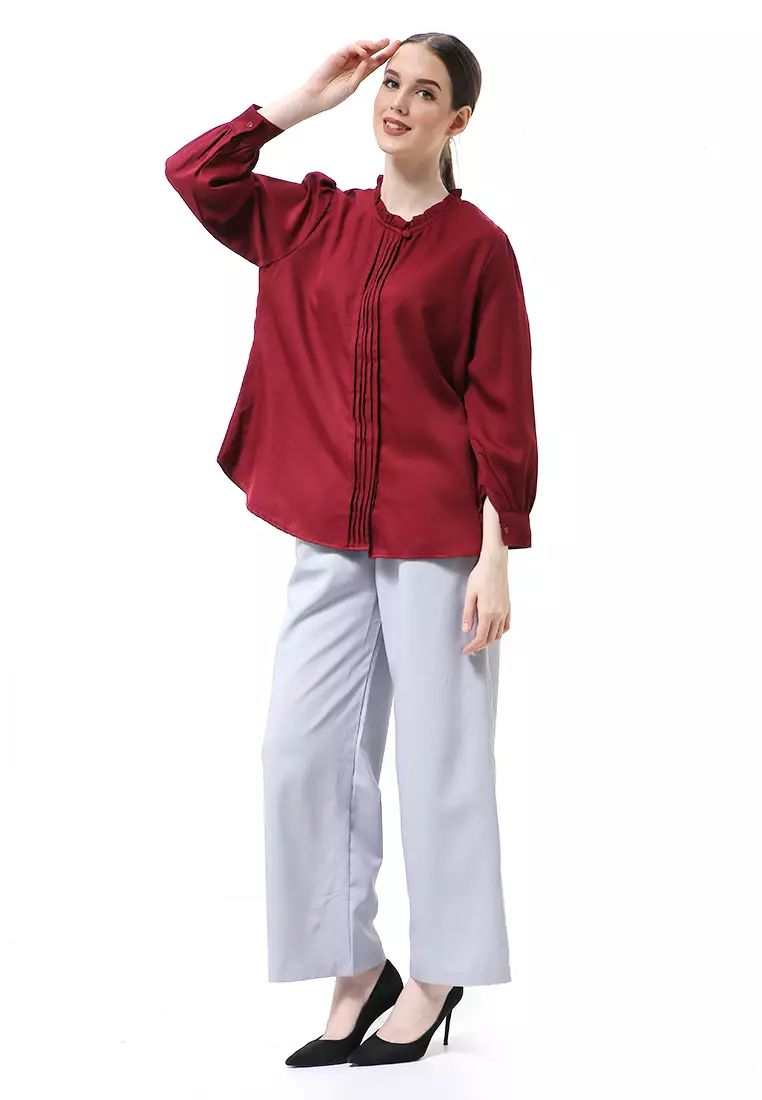 Vionka Kemeja Atasan Wanita Opnaisel Motif Polos - Maroon