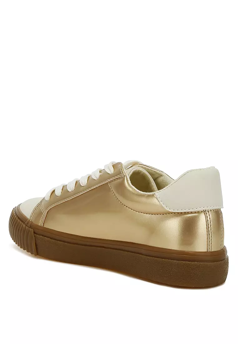 Metallic Faux Leather Star Sneakers in Gold