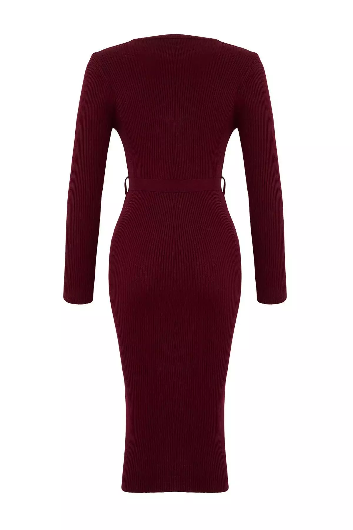 Burgundy Midi Knitwear Belt Detailed Dress