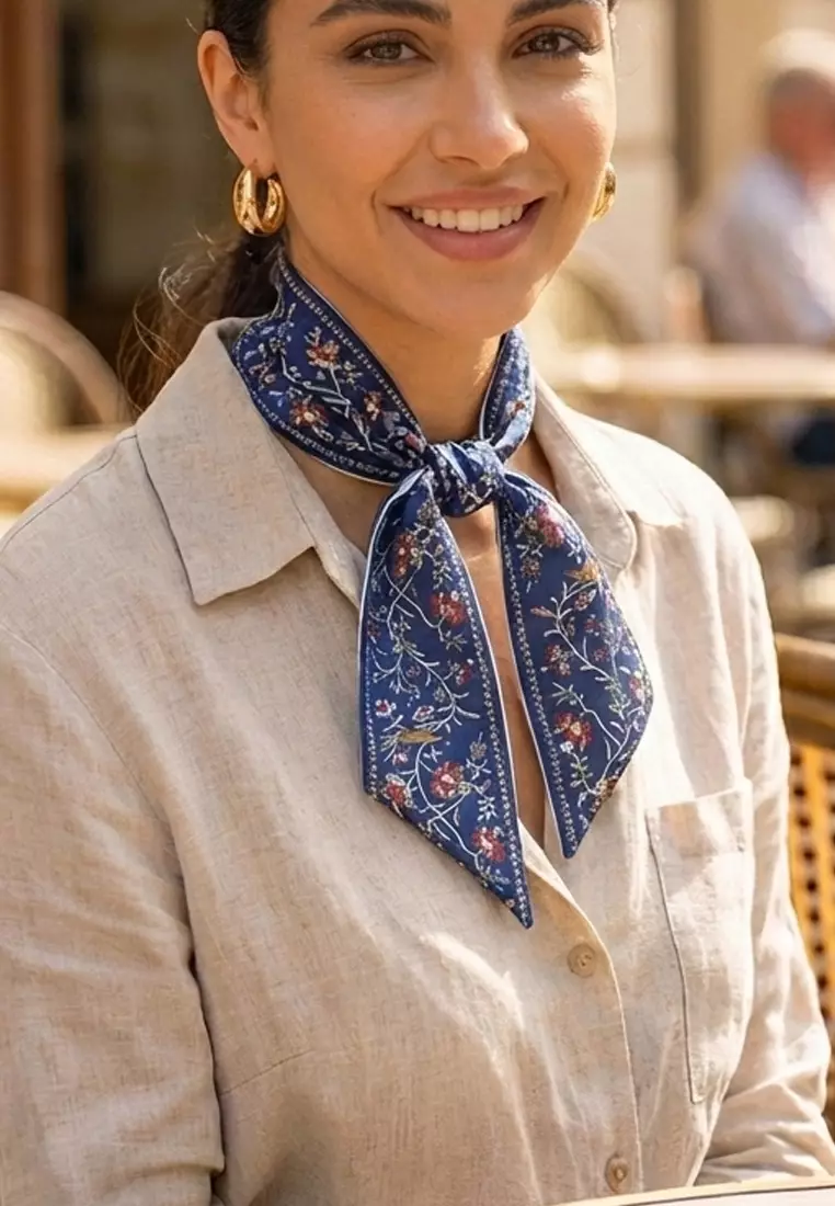 Aksesoris Wanita Double side Floral Twilly Skinny Multi purpose Scarf Blue & Multi 