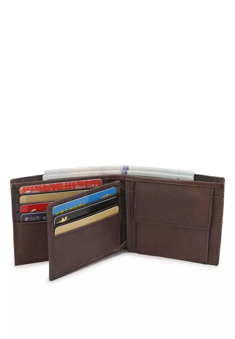 Men's RFID Genuine Leather Bi Fold Center Flap Short Wallet With Coin Compartment