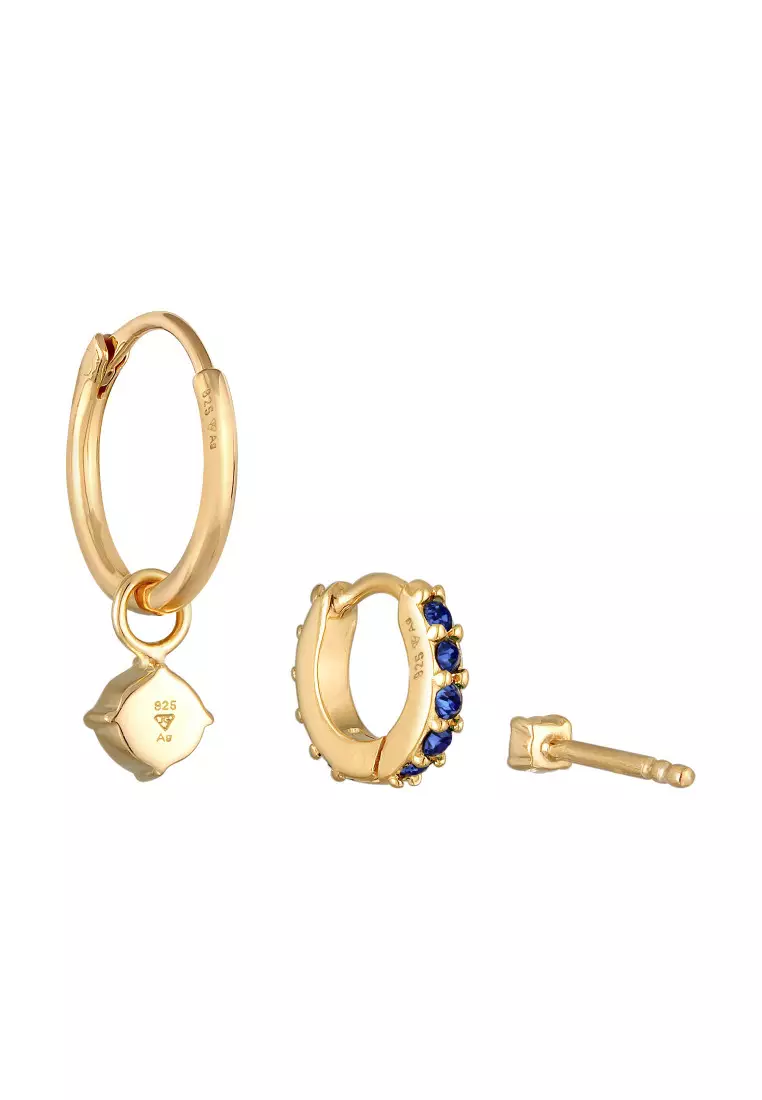 Anting Perhiasan Perak 925 Wanita Set Creoles Stud Blue Gold Plated Embellished with Crystal by Swarovski®
