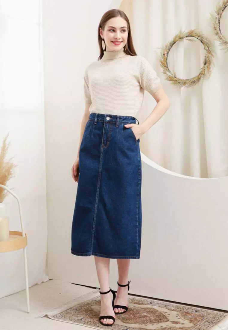Disha Midi Skirt Jeans in Navy