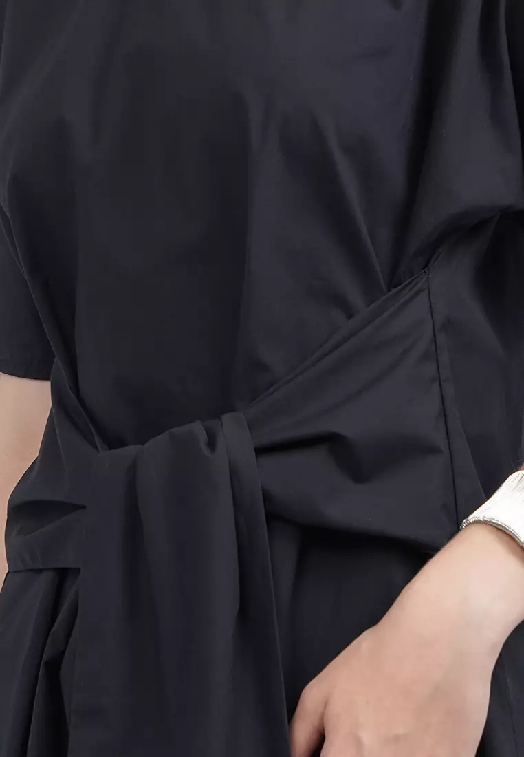 Belted Short Sleeve Midi Dress BLACK