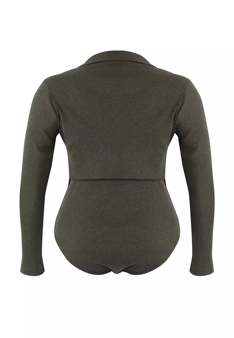 Khaki Body Fitting Ribbed Shirt Collar Snap Fastener Knitted Body Tbbaw23Cs00007