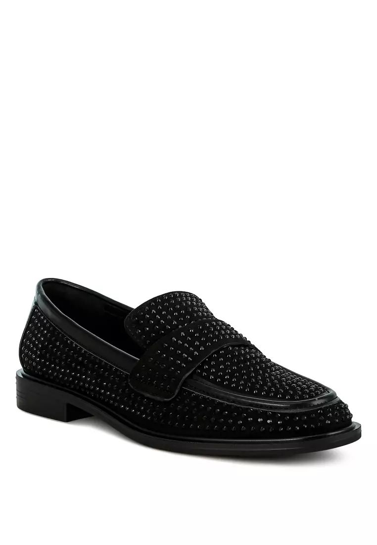 Black Rhinestones Embellished Loafers