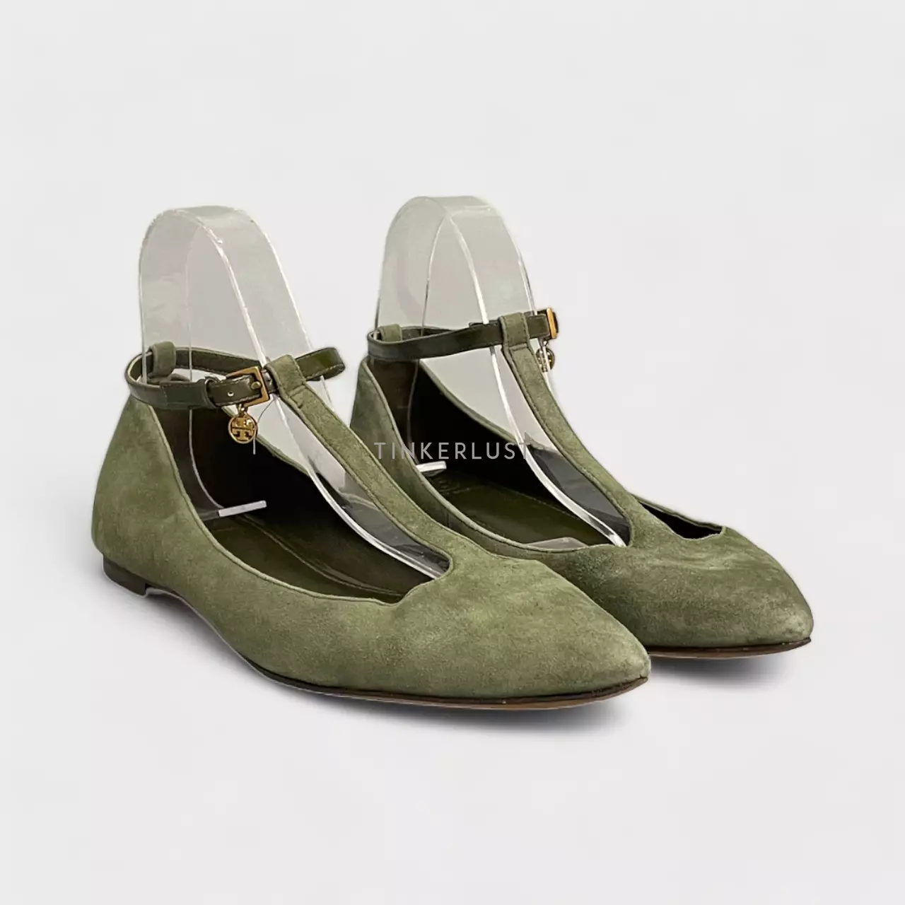 PRELOVED Tory Burch Ashton T strap In Leccio Green Suede Flats