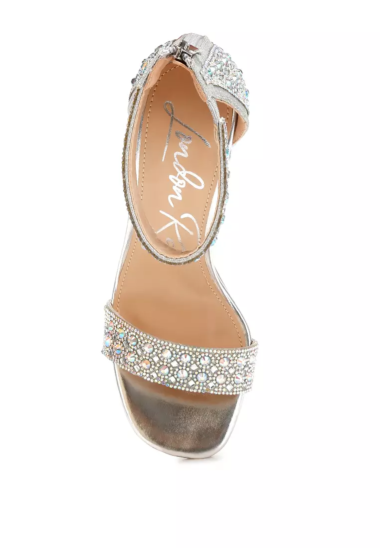 Rhinestones And Sequins Block Sandals in Silver