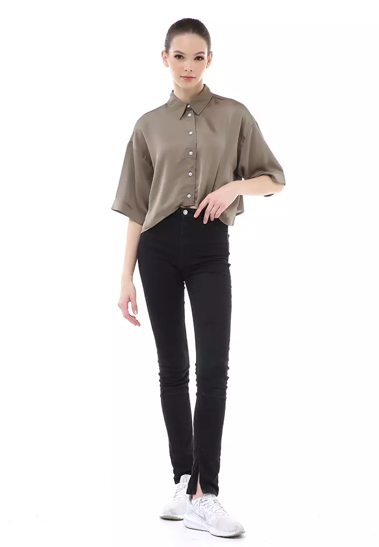 Brielle Atasan Wanita Kemeja Oversize Plain Motive Lengan Pendek Material Satin ORIGiNAL - Army Green