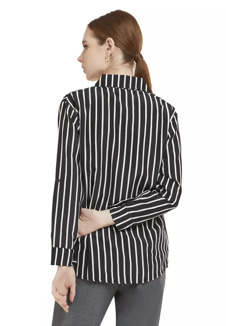 Kemeja Salur Dual Tone Color Baju Atasan Wanita Lengan Panjang Regular Fit - Black