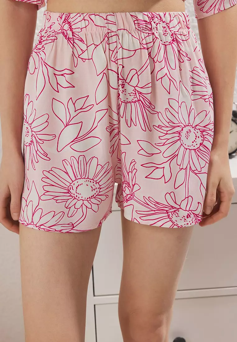 Pink Floral Viscose Shorts Woven Pajama Set THMSS25PT00305