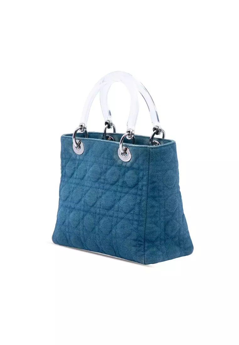 Pre-Loved Dior Medium Denim Cannage Acrylic Handles Lady Dior