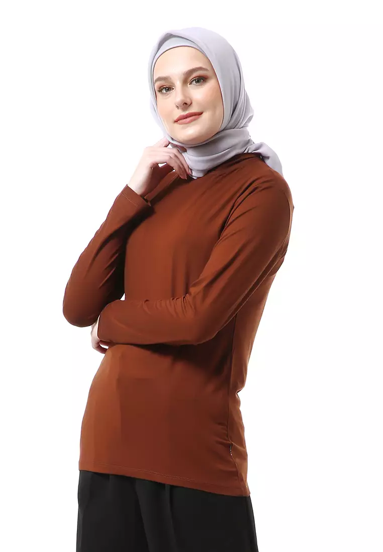Zlora Manset Atasan Wanita Motif Polos Long Sleeve Reguler Fit - Choco