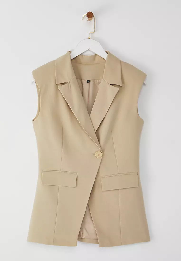 Light Beige Fitted Sleeveless Jacket Buttoned Vest