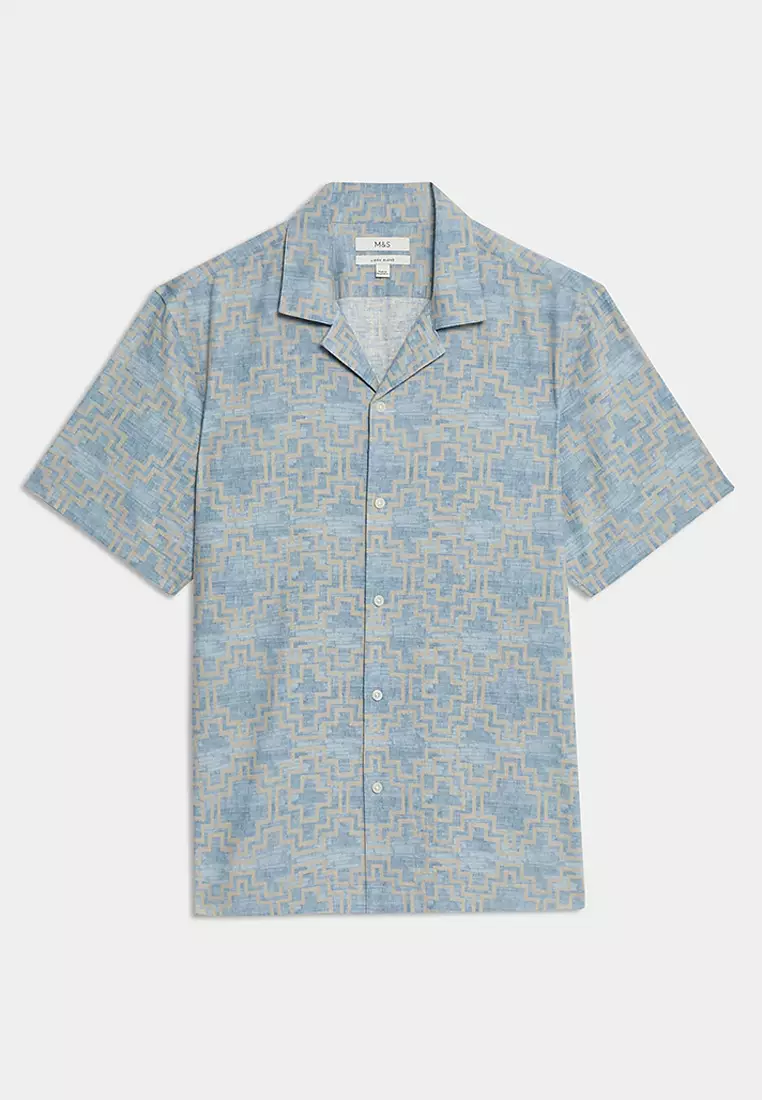 Linen Blend Geometric Print Short Sleeve Shirt