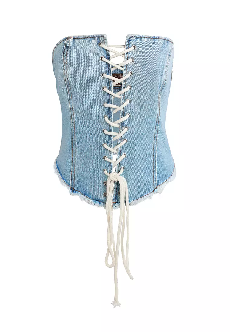 Light Blue Lace Up Denim Corset Top
