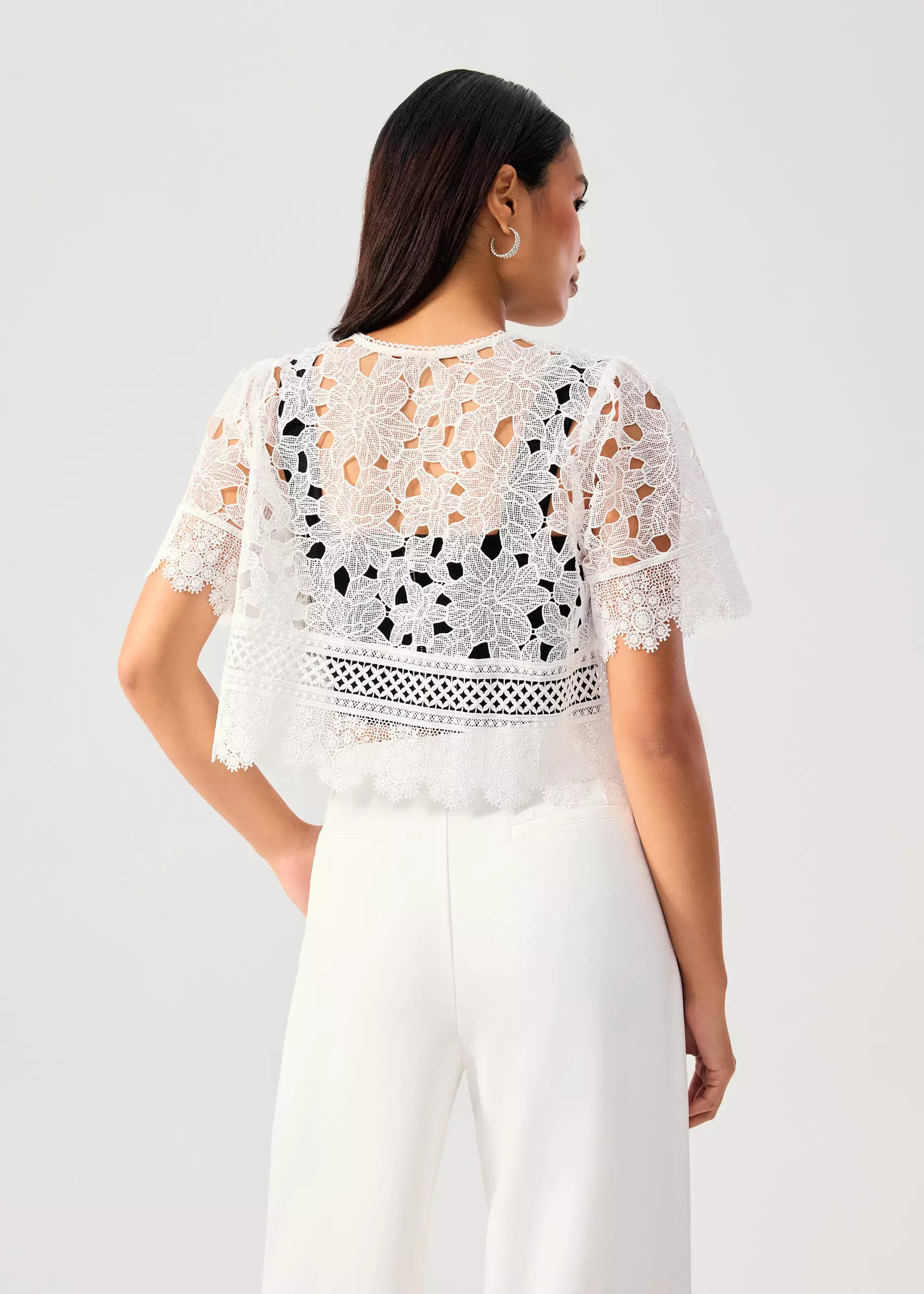 Atasan Wanita - Floral Lace Ribbon Tie V-neck Shell Top